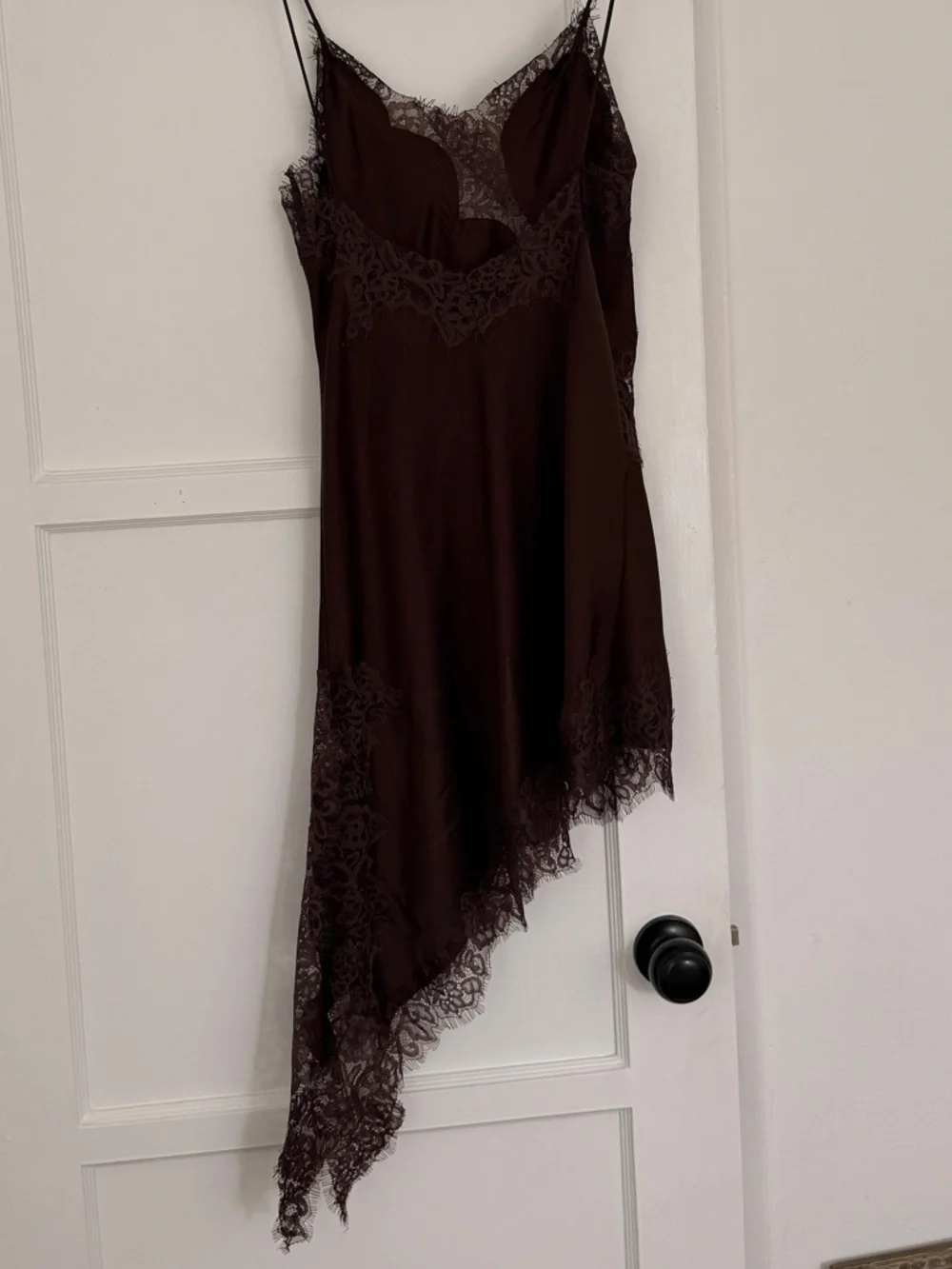 chocolate brown lace asymmetrical mini slip dress - Picture 2 of 5